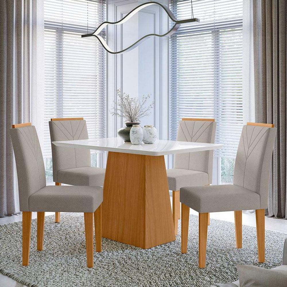 Encontraproduto.com.br - Mesa De Jantar 120 Cm Ambiente Bárbara Com Vidro Ype Off White E 4 Cadeiras Amanda Ype Animale Areia - New Ceval