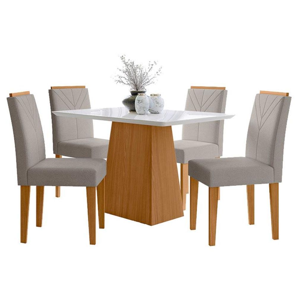 Encontraproduto.com.br - Mesa De Jantar 120 Cm Ambiente Bárbara Com Vidro Ype Off White E 4 Cadeiras Amanda Ype Animale Areia - New Ceval