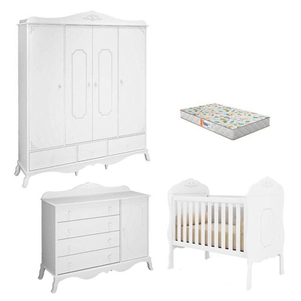Encontraproduto.com.br - Quarto De Bebê Realeza E Cômoda 1 Porta Branco Acetinado Com Colchão Gazin - Canaã