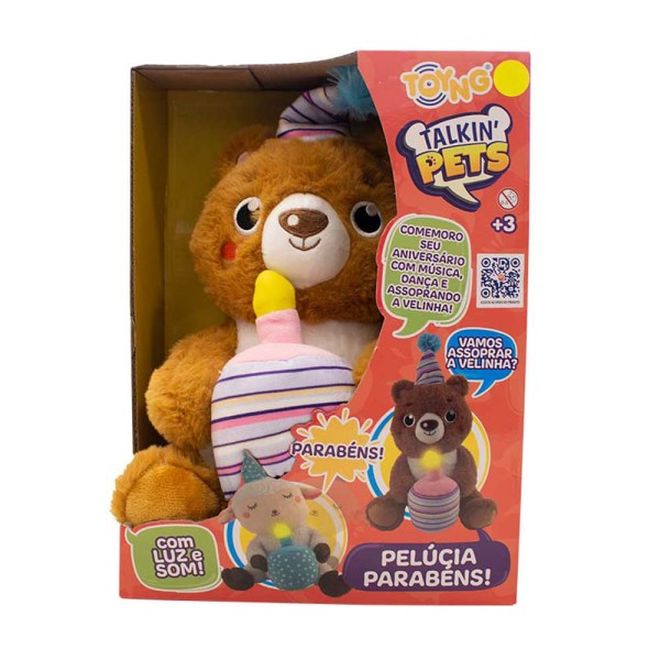 Encontraproduto.com.br - Urso de pelúcia Parabéns com luz e som Toyng
