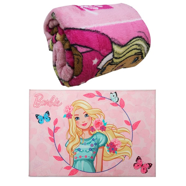 Kit Jolitex Manta Barbie Rosa e Tapete Borboleta 100x70cm