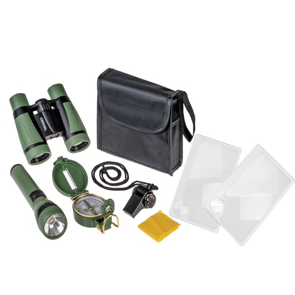 Encontraproduto.com.br - Kit Adventure Pack: Binóculo, Bússola, Lanterna, Apito E Par Lente 6x
