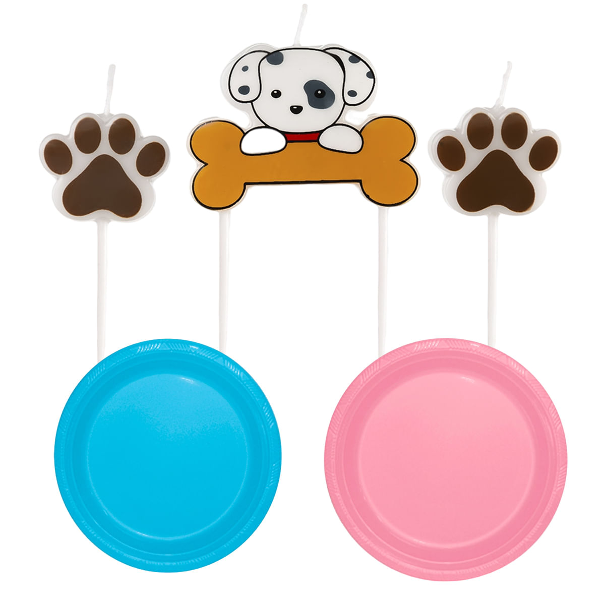 Kit Pet Com Velas (2 Patinhas E 1 Dálmata com ossinho) E Prato Happy Line 18cm