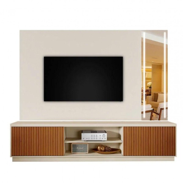 Painel Vitrum Com Rack Siena Espelho C-led Mavaular Off White - Naturalle