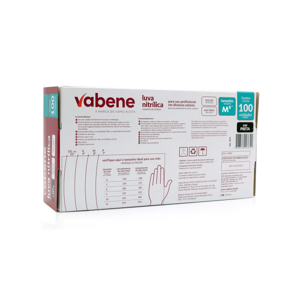 Encontraproduto.com.br - Luva Descartável Nitrílica sem Pó Preta M CA 44034 com 100 Unidades Vabene
