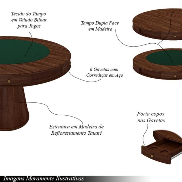 Encontraproduto.com.br - Conjunto Mesa de Jogos Carteado Bellagio Tampo Reversível Verde e 6 Cadeiras Madeira Poker Base Cone Linho Cinza/Imbuia G42 - Gran Belo