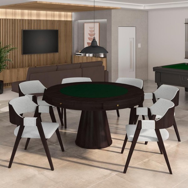Encontraproduto.com.br - Conjunto Mesa de Jogos Carteado Bellagio Tampo Reversível Verde e 6 Cadeiras Madeira Poker Base Cone Linho Cinza/Tabaco G42 - Gran Belo