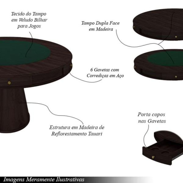 Encontraproduto.com.br - Conjunto Mesa de Jogos Carteado Bellagio Tampo Reversível Verde e 6 Cadeiras Madeira Poker Base Cone Linho Cinza/Tabaco G42 - Gran Belo