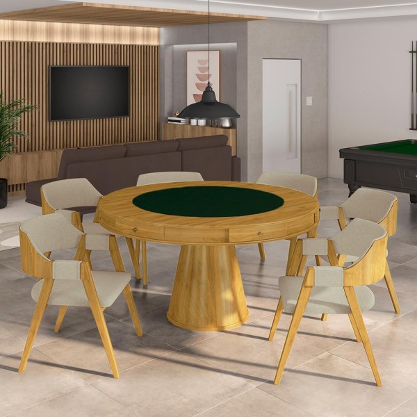 Encontraproduto.com.br - Conjunto Mesa de Jogos Carteado Bellagio Tampo Reversível Verde e 6 Cadeiras Madeira Poker Base Cone Linho OffWhite/Mel G42 - Gran Belo