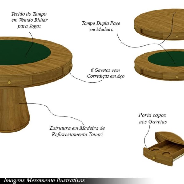 Encontraproduto.com.br - Conjunto Mesa de Jogos Carteado Bellagio Tampo Reversível Verde e 6 Cadeiras Madeira Poker Base Cone Linho OffWhite/Mel G42 - Gran Belo