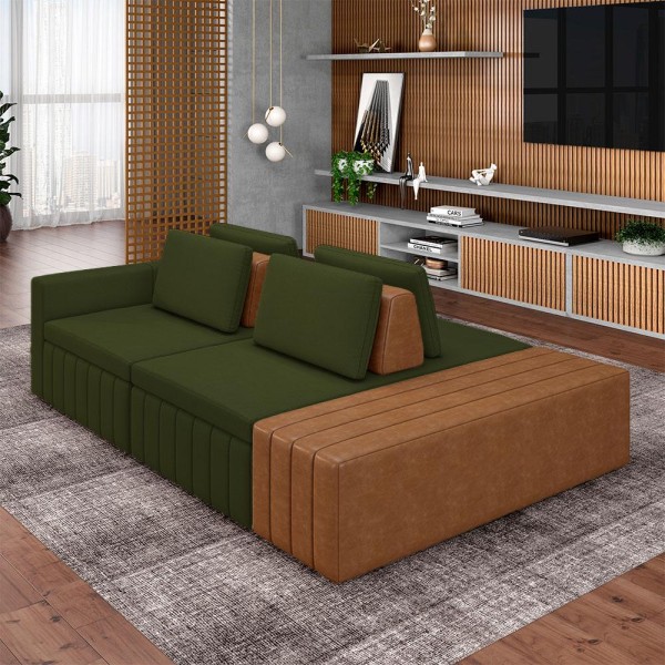 Encontraproduto.com.br - Sofá Ilha com Encosto e Almofadas Móveis Olimpo 265cm Modulado Linho/PU Verde/Caramelo G45 - Gran Belo