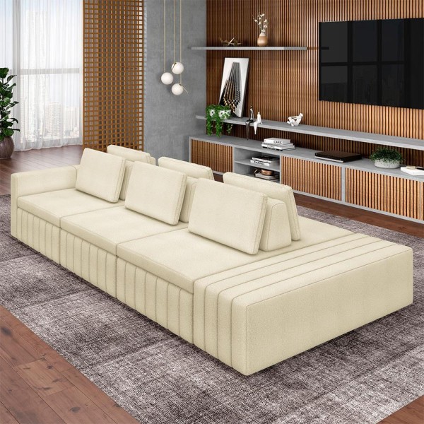 Encontraproduto.com.br - Sofá Ilha com Encosto e Almofadas Móveis Olimpo 335cm Modulado Bouclê Off White G45 - Gran Belo