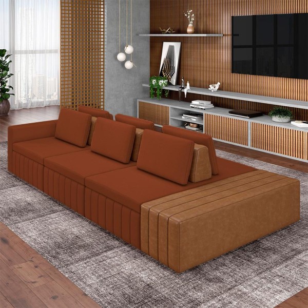Encontraproduto.com.br - Sofá Ilha com Encosto e Almofadas Móveis Olimpo 335cm Modulado Linho/PU Terracota/Caramelo G45 - Gran Belo