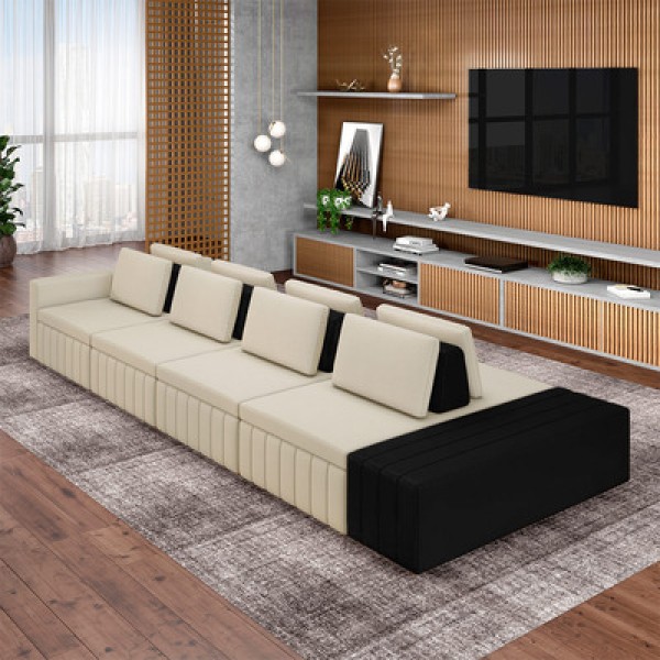 Encontraproduto.com.br - Sofá Ilha Com Encosto E Almofadas Móveis Olimpo 425cm Modulado Linho-pu Bege-preto G45 - Gran Belo