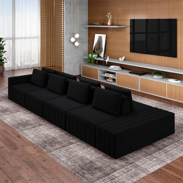Encontraproduto.com.br - Sofá Ilha Com Encosto E Almofadas Móveis Olimpo 425cm Modulado Veludo Preto G45 - Gran Belo