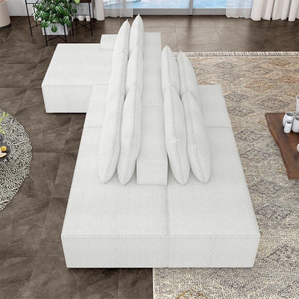 Encontraproduto.com.br - Sofá Ilha com Encosto e Almofadas Delta 435cm Modulado Chase e Puffs Bouclê Off white G52 - Gran Belo