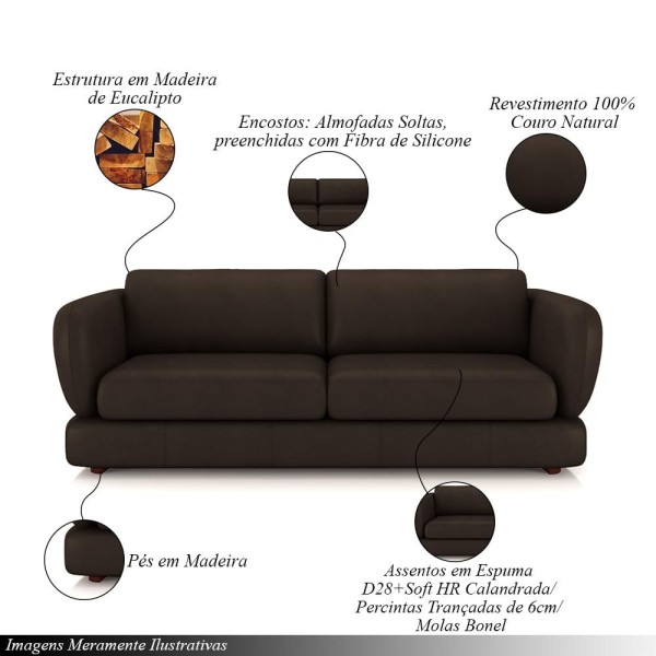 Encontraproduto.com.br - Sofá Living 3 Lugares 265cm Pés Madeira Dalian Couro Marrom G52 - Gran Belo