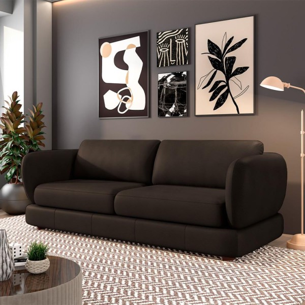 Encontraproduto.com.br - Sofá Living 3 Lugares 265cm Pés Madeira Dalian Couro Marrom G52 - Gran Belo