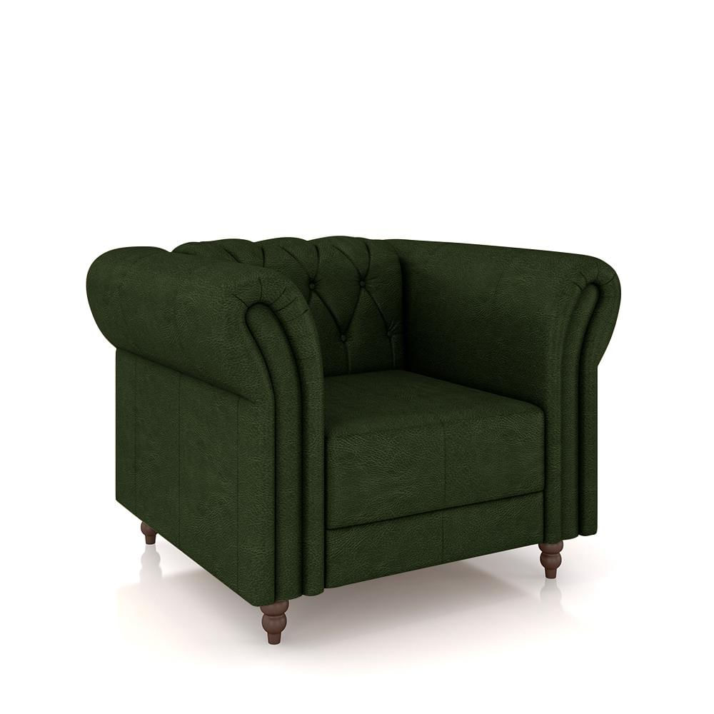 Encontraproduto.com.br - Poltrona Decorativa Sala de Estar Stanford Chesterfield Pés de Madeira Couro Verde Manchado G58 - Gran Belo