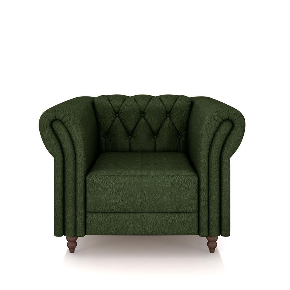 Encontraproduto.com.br - Poltrona Decorativa Sala de Estar Stanford Chesterfield Pés de Madeira Couro Verde Manchado G58 - Gran Belo