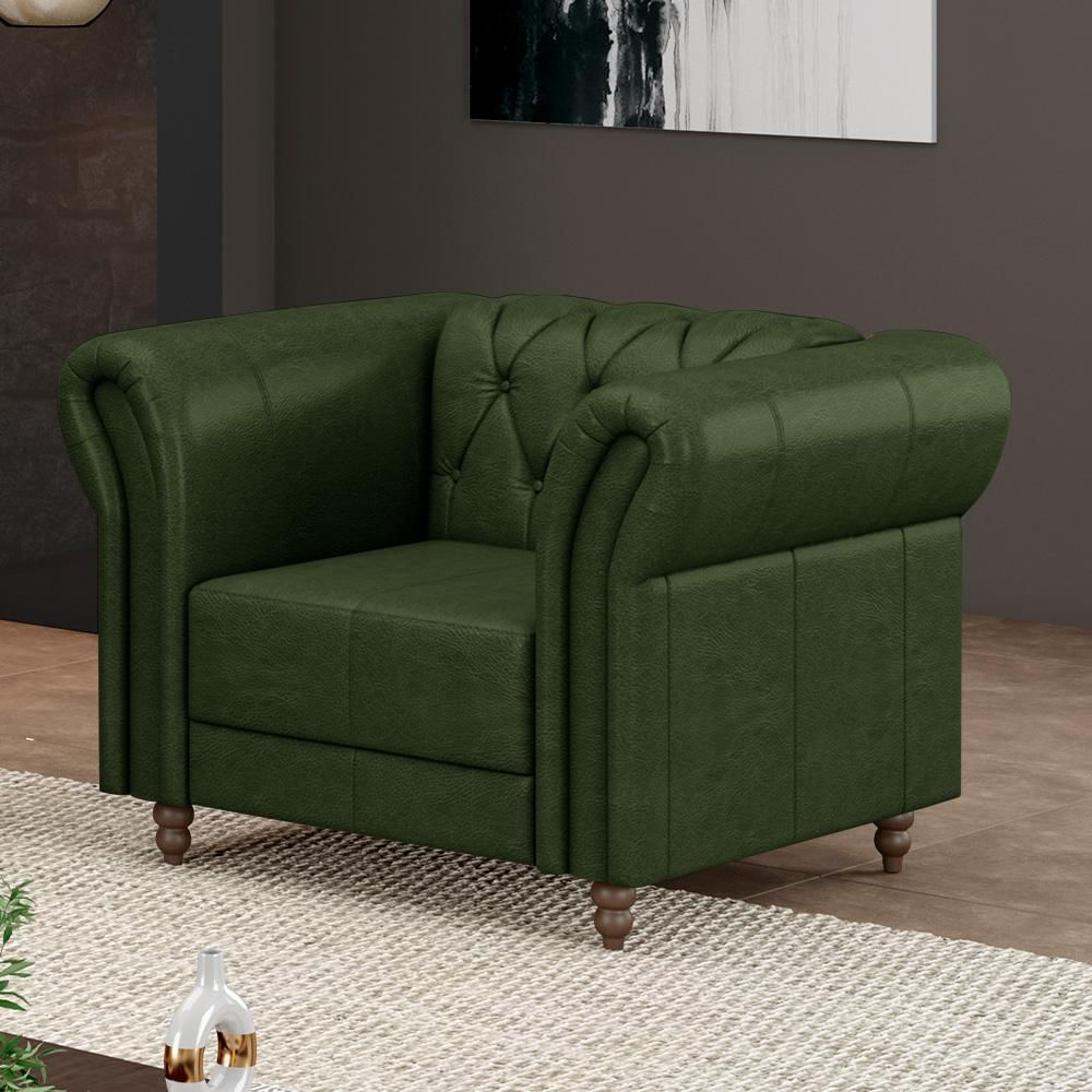 Encontraproduto.com.br - Poltrona Decorativa Sala de Estar Stanford Chesterfield Pés de Madeira Couro Verde Manchado G58 - Gran Belo