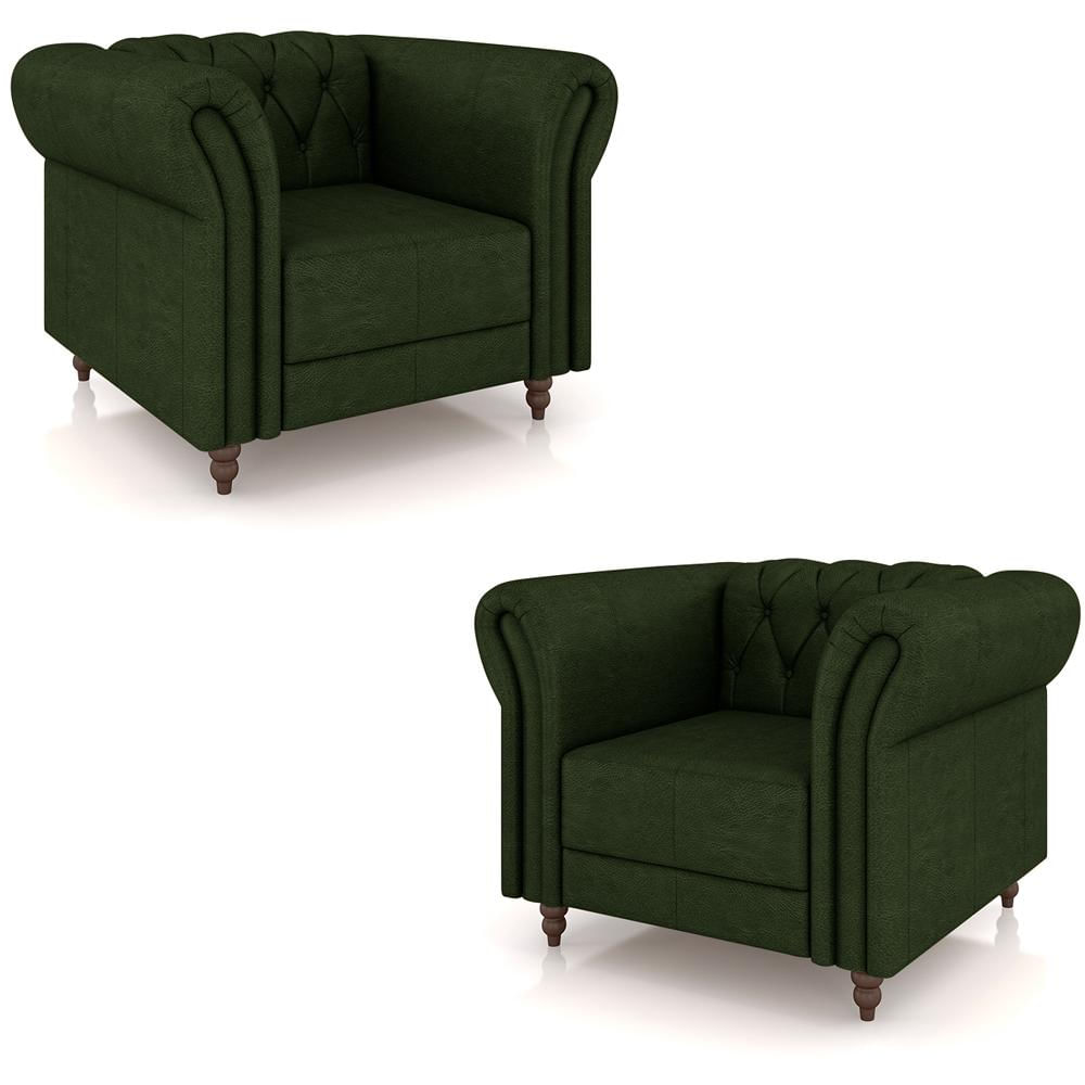 Encontraproduto.com.br - Kit 2 Poltronas Decorativas Sala de Estar Stanford Chesterfield Pés de Madeira Couro Verde Manchado G58 - Gran Belo