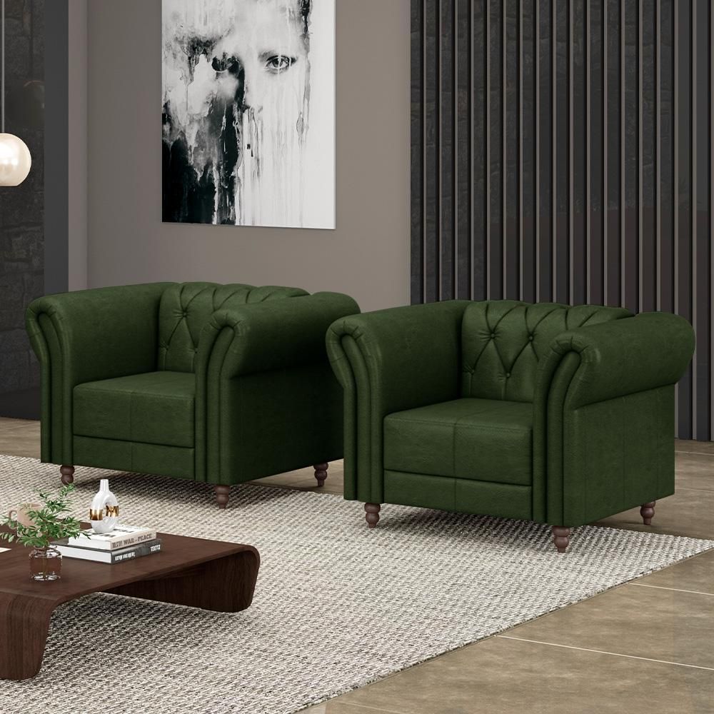 Encontraproduto.com.br - Kit 2 Poltronas Decorativas Sala de Estar Stanford Chesterfield Pés de Madeira Couro Verde Manchado G58 - Gran Belo