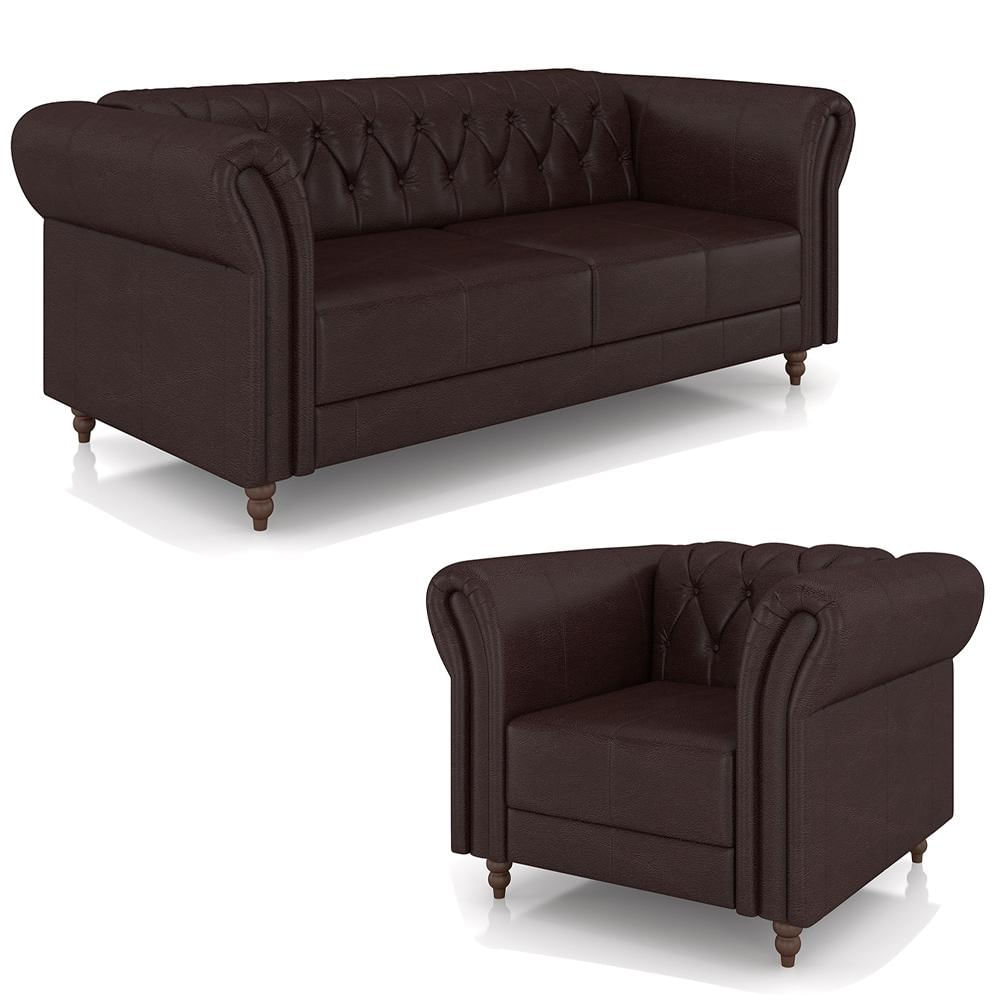 Conjunto Sala de Estar 1 Sofá Living 180cm e 1 Poltrona Stanford Chesterfield Pés Madeira Couro Wine Vinho G58 - Gran Belo