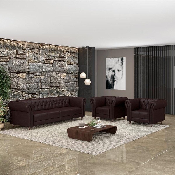 Encontraproduto.com.br - Conjunto Sala de Estar 1 Sofá Living 200cm e 2 Poltronas Stanford Chesterfield Pés Madeira Couro Wine Vinho G58 - Gran Belo