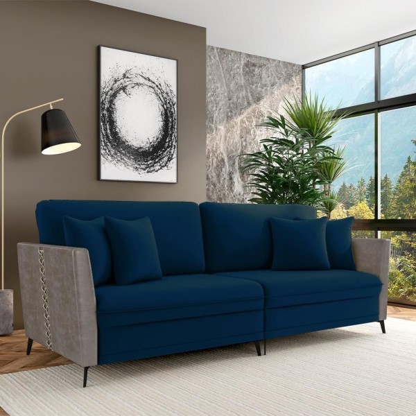 Sofá Living Decorativo Zagreb 3 Lugares 262cm Com Almofadas Pés De Ferro Veludo/pu Azul/cinza G33 - Gran Belo