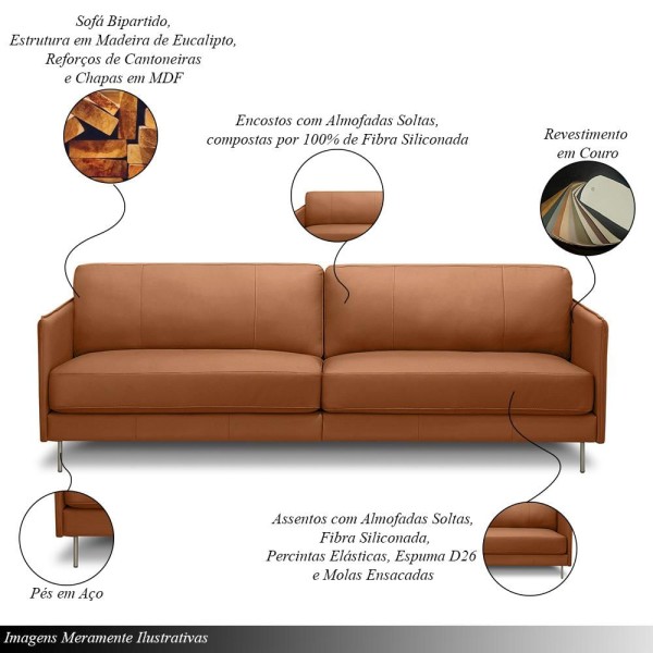 Encontraproduto.com.br - Sofá Decorativo Anthony 4 Lugares Sala De Estar 270cm Pés Em Aço Couro Conhaque
