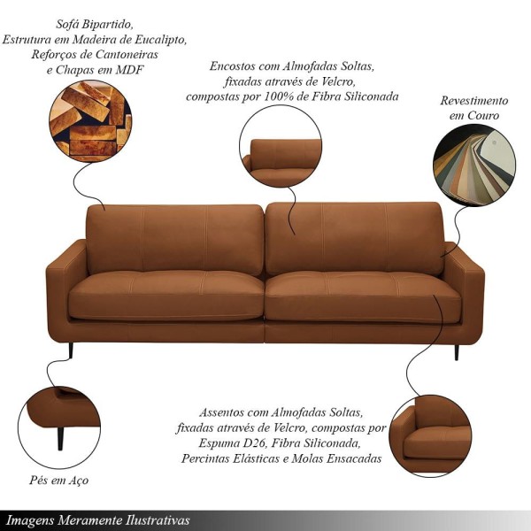 Encontraproduto.com.br - Sofá Decorativo Isaac 3 Lugares Sala De Estar 240cm Pés Em Aço Couro Conhaque