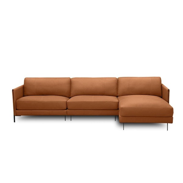 Encontraproduto.com.br - Sofá Decorativo Karine 5 Lugares Sala De Estar 330cm Com Chaise Pés Em Aço Couro Conhaque