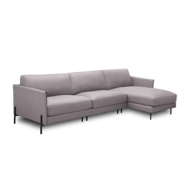 Sofá Decorativo Karine 6 Lugares Sala De Estar 360cm Com Chaise Pés Em Aço Couro Avelã
