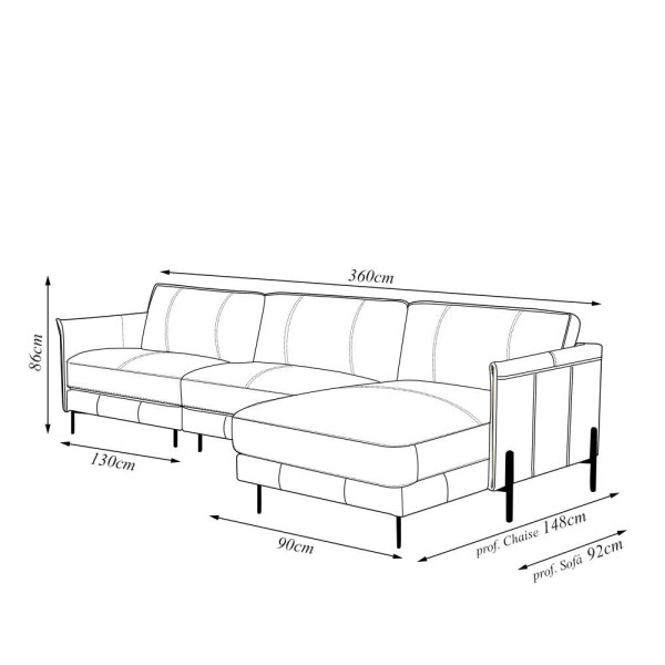 Encontraproduto.com.br - Sofá Decorativo Karine 6 Lugares Sala De Estar 360cm Com Chaise Pés Em Aço Couro Conhaque