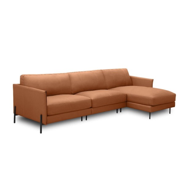 Encontraproduto.com.br - Sofá Decorativo Karine 6 Lugares Sala De Estar 360cm Com Chaise Pés Em Aço Couro Conhaque