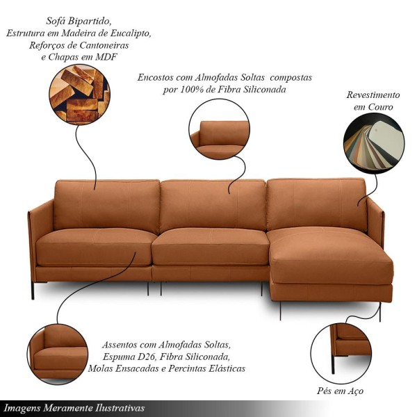 Encontraproduto.com.br - Sofá Decorativo Karine 6 Lugares Sala De Estar 360cm Com Chaise Pés Em Aço Couro Conhaque