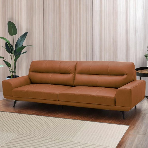 Encontraproduto.com.br - Sofá Decorativo Ashton 3 Lugares Sala De Estar 216cm Pés Em Aço Couro Conhaque G88 - Gran Belo