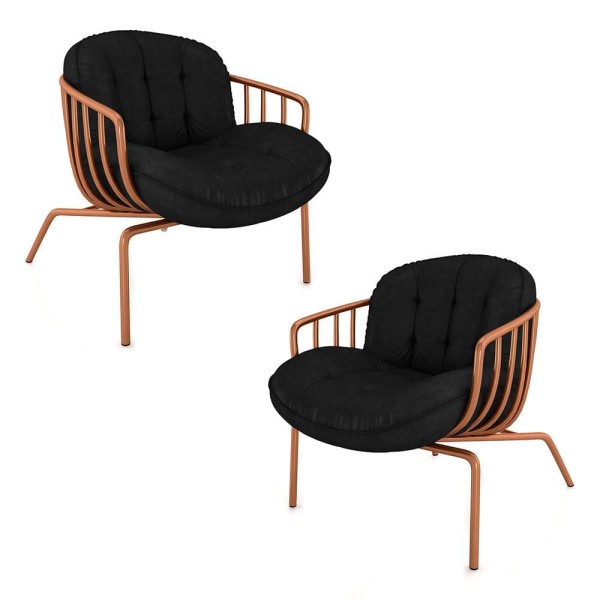 Kit 2 Poltronas Sala de Estar Base em Ferro Crokett PU Cobre/Preto G33 - Gran Belo