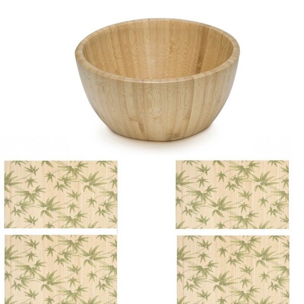 Encontraproduto.com.br - Saladeira Bambu modelo 19cm com Jogo americano Folhas Marrom