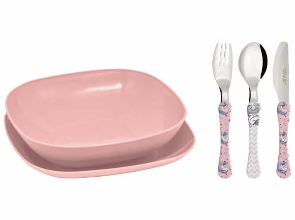 Encontraproduto.com.br - Conjunto Pratos Azul, Talheres, Copos E Caneca - Unicornio