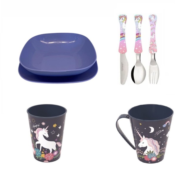 Encontraproduto.com.br - Conjunto Pratos Azul, Talheres, Copos E Caneca - Unicornio