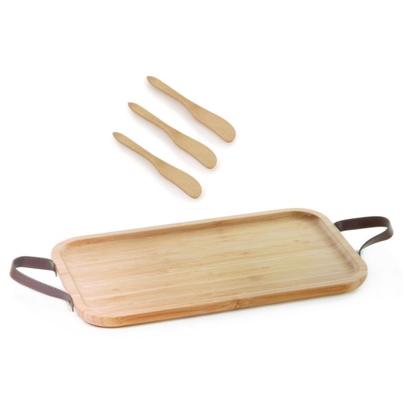 Encontraproduto.com.br - Bandeja de bambu com alça de couro  28cm e 3 espatulas