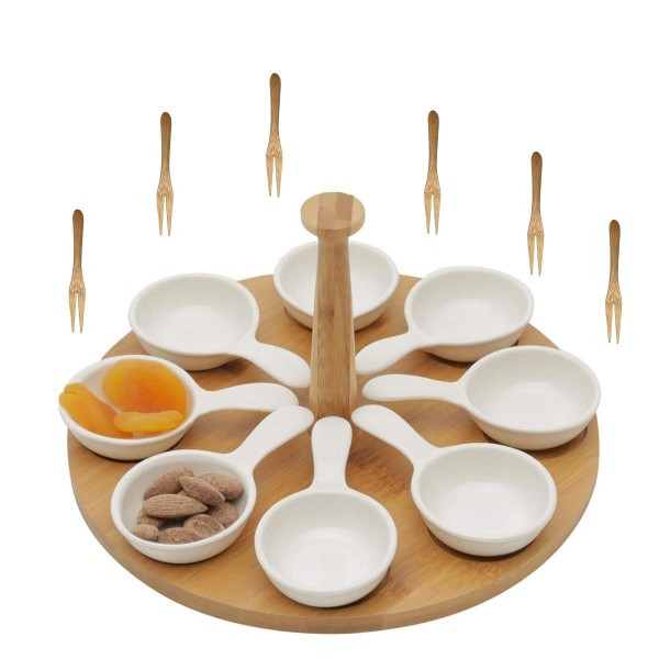 Encontraproduto.com.br - Charmosa Petisqueira de Porcelana e Bambu com garfinhos