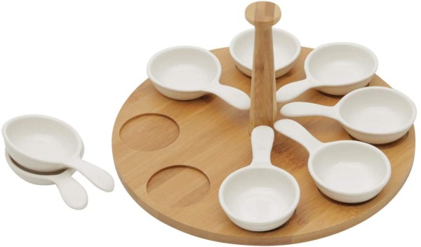 Encontraproduto.com.br - Charmosa Petisqueira de Porcelana e Bambu com garfinhos