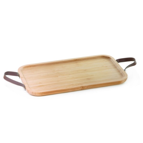 Encontraproduto.com.br - Bandeja de bambu com alça couro 2 petisqueiras quadradas