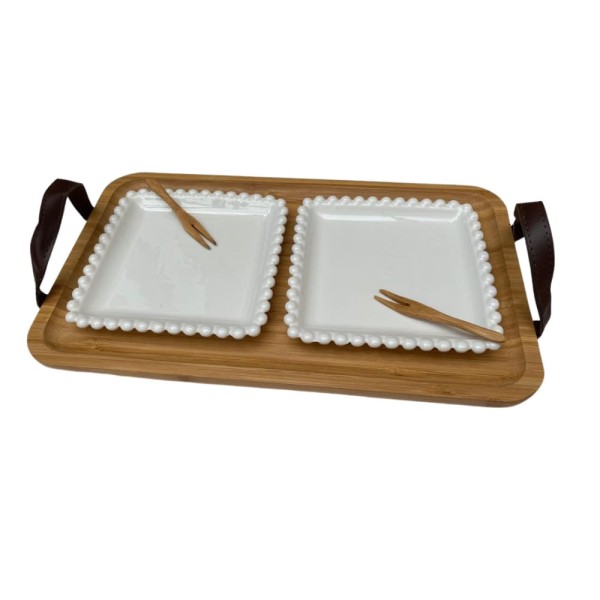 Encontraproduto.com.br - Bandeja de bambu com alça couro 2 petisqueiras quadradas