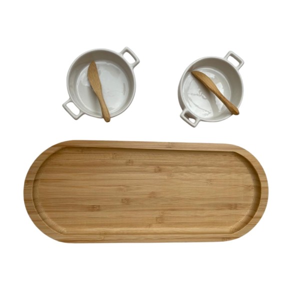 Encontraproduto.com.br - Bandeja Petisqueira de bambu e Petisqueiras 2 Porcelana REDO