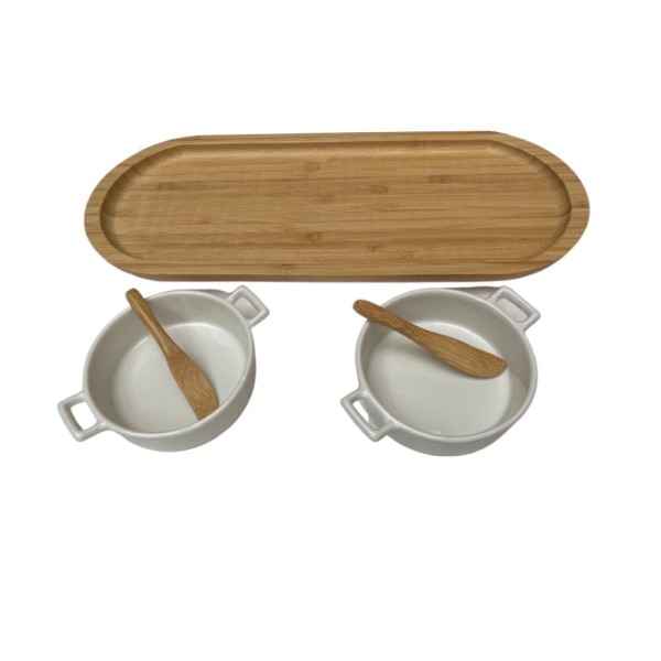 Encontraproduto.com.br - Bandeja Petisqueira de bambu e Petisqueiras 2 Porcelana REDO