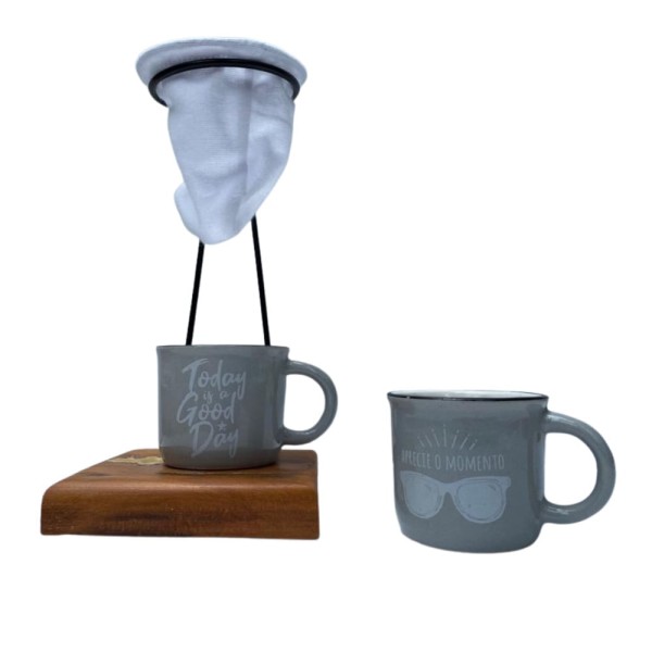Encontraproduto.com.br - Café Individual 2 Canecas ceramica e coador Demolição Cinza